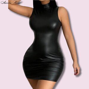 💋 Vegan Leather Bodycon Choker Neck Dress